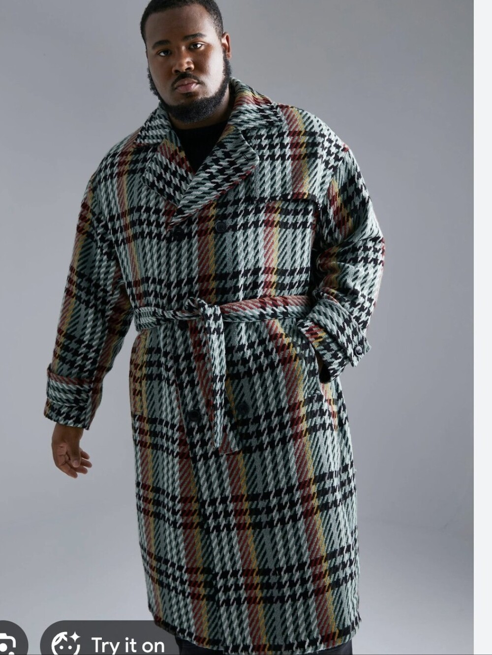 Boohoo Man Multi Color Check Double-Breasted Coat.